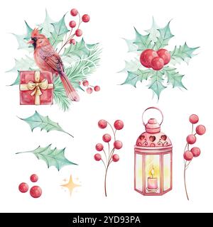 Aquarell Weihnachten Set - Vogelrotes Kardinalarrangement mit Brunch, roten Beeren, Laterne und roten Weihnachtsstern Blumenstrauß mit stechpalmen-grünen Blättern Stockfoto