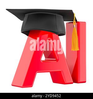 Bildungskonzept künstliche Intelligenz. KI mit Lernhut, 3D-Rendering isoliert auf weißem Hintergrund Stockfoto