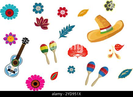 mexikanischer Sombrero, Blumen, Maracas-Elemente Set Stock Vektor