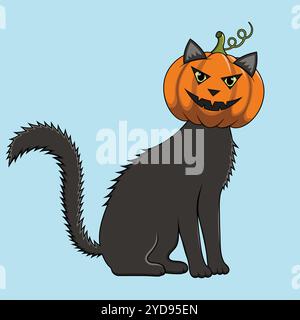 Eine dunkelgraue Katze mit einem orangefarbenen Kürbiskopf, mit einem geschnitzten, lächelnden Gesicht. Eine isolierte Halloween-Vektor-Illustration Stock Vektor