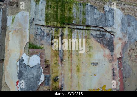 Zerbröckelnde Überreste einer feuchten, moosbedeckten Wand eines alten, abgerissenen, denkmalgeschützten Gebäudes. Stockfoto