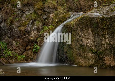 Kleiner Wasserfall in der Nähe des Dorfes Jaworki Biala Woda am bewölkten Herbsttag Stockfoto