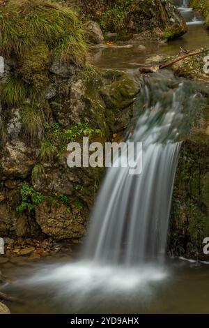 Kleiner Wasserfall in der Nähe des Dorfes Jaworki Biala Woda am bewölkten Herbsttag Stockfoto