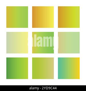 Verlaufskollektion, glänzendes Regenbogenhologramm. Holographische Folienstruktur, blau, gelb, rosa Abstufung. Katalog der Beispielpaletten in RGB-HEX. Vektor Stock Vektor