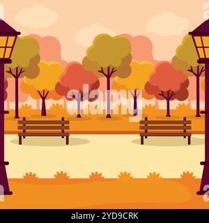 Herbstpark mit Bänken und Straßenlaternen, Vector Stock Vektor
