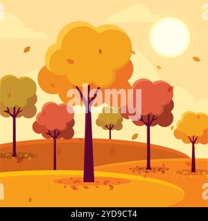 Sonnige Herbstlandschaft mit Bäumen und fallenden Blättern, Vektor Stock Vektor