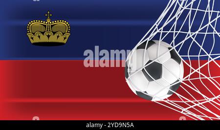 Fußball-Ball im Goal Net isoliert auf Liechtenstein Schattierte Flagge, Sportzubehör Ausrüstung für Spiel, Meisterschaft und Wettbewerb Stock Vektor
