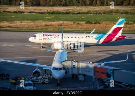 Eurowings Airbus A320neo, rollte nach der Landung zum Terminal 1 C-Gates, Eurowings Airbus am Gate, Flughafen Köln-Bonn, CGN, NRW, Deutschland, Flughafen Köln-Bonn *** Eurowings Airbus A320neo, nach der Landung zum Terminal 1 C Gate gefahren, Eurowings Airbus am Gate, Flughafen Köln Bonn, CGN, NRW, Deutschland, Flughafen Köln/Bonn Stockfoto