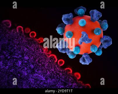 Layout mit farbigem 3D-Druck eines HIV-Virus-Partikels rot mit blauen Oberflächenproteinen und einem Hintergrundbild, das eine farbige Transmissions-Elektronenmikrographie von HIV-Virus-Partikeln ist, die rot aus einer H9 T-Zelle lila wachsen und replizieren. HIV-Virus 016867 264 Stockfoto