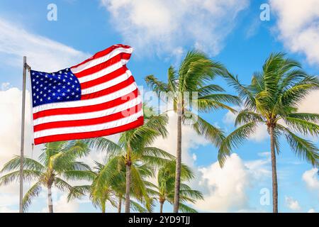 Die amerikanische Flagge winkt gegen Palmen auf blauem Hintergrund Stockfoto