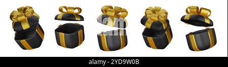 Set aus Geschenkboxen mit realistischem 3D-Rendering. Schwarze Geschenkbox mit goldener Schleife und Schleife. Geschenkbox in verschiedenen Winkeln. Vektorabbildung. Stock Vektor