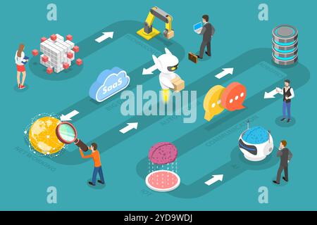 3D Isometric Flat Conceptual Illustration der digitalen Transformation, Cloud Computing und Automatisierung 3D Isometric Flat Conceptu Stockfoto