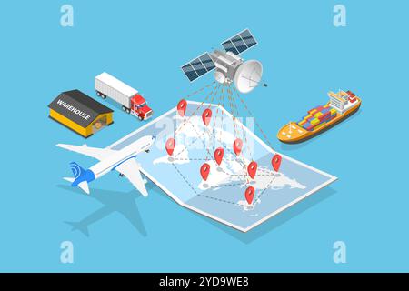 3D Isometrische flache Konzeptdarstellung von internationaler Fracht, Global Logistics Network 3D Isometrische flache Konzeptkonzepte Stockfoto