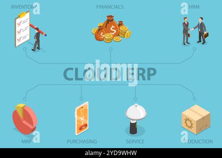 3D Isometric Flat Conceptual Illustration of Cloud ERP, Enterprise Resource Planning 3D Isometric Flat Conceptual Illustration Stockfoto