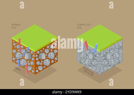 3D Isometrische flache konzeptionelle Darstellung der Bodenverdichtungsmethode, Grundtypen 3D Isometrische flache konzeptionelle Darstellung o Stockfoto