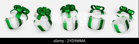 Set aus Geschenkboxen mit realistischem 3D-Rendering. Goldene Geschenkbox mit grüner Schleife und Schleife. Geschenkbox in verschiedenen Winkeln. Vektorabbildung. Stock Vektor