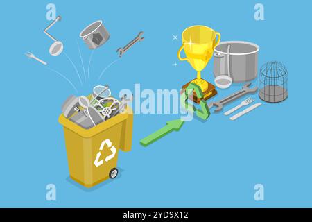 3D Isometrische flache konzeptionelle Darstellung von Metallrecycling, Papierkorb Wiederverwendung 3D Isometrische flache konzeptionelle Darstellung von Metall R Stockfoto