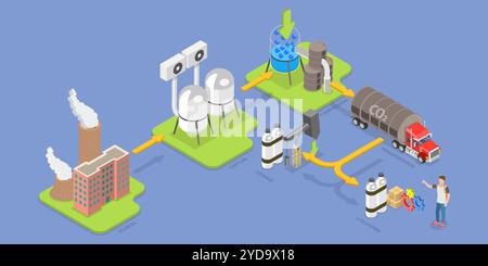 3D Isometrische flache konzeptionelle Darstellung des Kohlenstoffabscheidungsprozesses, Verringerung des CO2-Niveaus 3D Isometrisches flaches konzeptionelles Illustrat Stockfoto