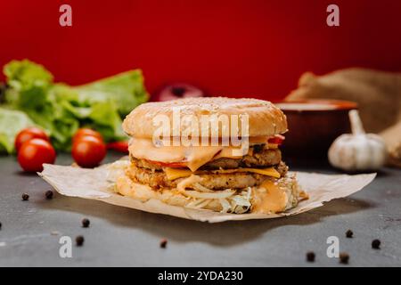 Zweilagiger Hähnchenburger mit geschmolzenem Käse und frischen Belägen Stockfoto