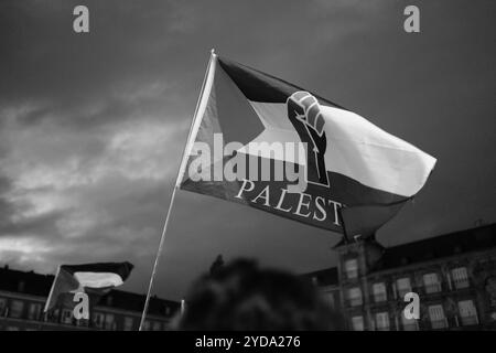 Madrid, Spanien. Oktober 2024. Mehrere Personen während einer Demonstration zur Unterstützung Palästinas auf der Plaza Mayor von Madrid am 25. Oktober 2024 in Spanien. Quelle: SIPA USA/Alamy Live News Stockfoto