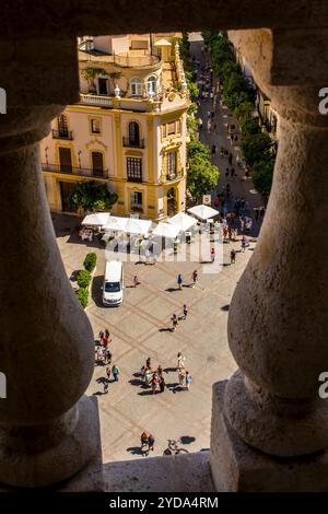 Blick auf die Plaza del Salvador von der Kathedrale, Sevilla, Andalusien, Spanien. Stockfoto