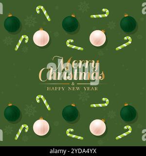 Weihnachtskarte mit Zuckerstangen und Ornamenten auf Grün, Vektor Stock Vektor