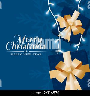 Weihnachtskarte mit Geschenken und leuchtenden Lichtern auf Blau, Vektor Stock Vektor