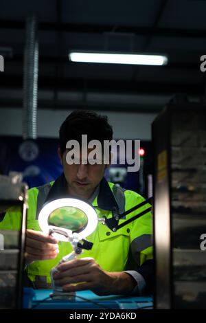 Der Techniker muss helle Lichter und eine Lupe verwenden, um die Details des Werkstücks zu prüfen. Der Ausdruck des 3D-Druckers. Stockfoto