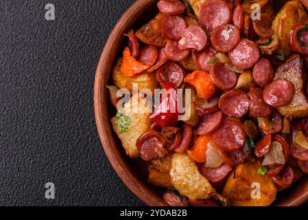 Gegrillte Kartoffeln in Scheiben geschnitten mit Jagdwürsten mit Knoblauch, Zwiebeln Stockfoto