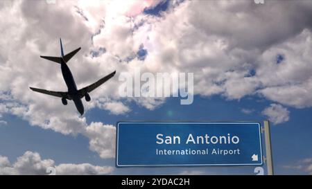 Flugzeugsilhouette landet in San Antonio, Texas, USA. Ankunft in der Stadt mit Hinweisschild zum internationalen Flughafen und blauem Himmel. Reise, Reise und Reise Stockfoto