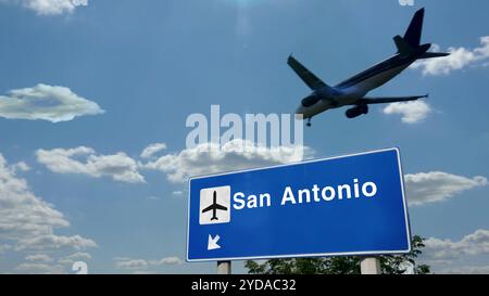 Flugzeugsilhouette landet in San Antonio, Texas, USA. Ankunft in der Stadt mit Hinweisschild zum internationalen Flughafen und blauem Himmel. Reise, Reise und Reise Stockfoto