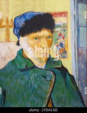 Vincent Van Gogh Malerei. Vincent Van Gogh, Selbstporträt mit bandagiertem Ohr. 1889. Öl auf Leinwand, Arles. Postimpressionistisches Porträt des 19. Jahrhunderts. Stockfoto