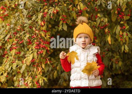 Ein fröhliches Kind mit einem gemütlichen gelben Hut und einer warmen Weste steht inmitten von üppigem Grün und hält fröhlich helle Herbstblätter vor einem Hintergrund Stockfoto