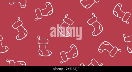 Nahtloses Muster mit Weihnachtsstrümpfen Umrisse auf rot, Doodle-Stil Vektor-Illustration Stock Vektor