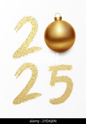 Hintergrundplakat zum Neujahr 2025 mit goldbemalten Pinselnummern mit Glitzern und weihnachtskugel. Bannervektor-Feier-Design. Stock Vektor