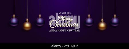 Wir wünschen Ihnen frohe Weihnachten und eine frohe Neujahrskarte. Dunkelvioletter Vektorhintergrund. Weihnachtskugeln und Text. Weihnachtsgrüße festliches Design Stock Vektor