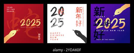 Chinesisches Neujahr 2025 Jahr der Schlange Bannerset. Vektorhintergrund und kalligraphische Zahlen mit Schlangen Illustrationsdesign. Grußkartenrahmen. Stock Vektor