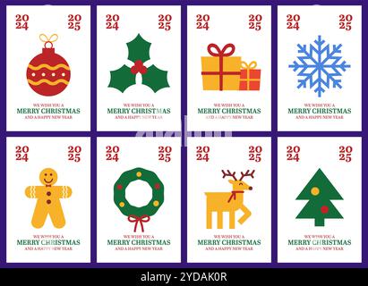 Weihnachtsgrußkarten 2024 2025 mit festlichen Symbolen. Vektor Wallpaper Poster Design Set mit frohe Weihnachten und eine frohe neue Jahr Nachricht. Stock Vektor