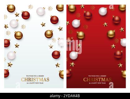 Weihnachtsbanner mit goldenen, weiß-roten Ornamenten, die eine Baumform bilden. Vektor mit Weihnachtsbällen und Sternen. Grußkarte mit rotem und weißem Hintergrund Stock Vektor