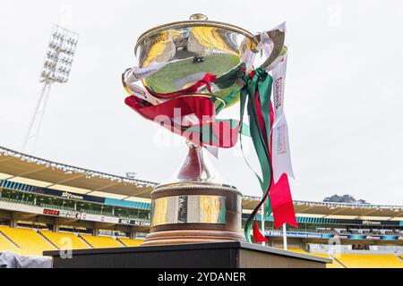 Wellington, Neuseeland, 26. Oktober 2024. Eine allgemeine Ansicht der Trophäe des Bunning-NPC vor dem Bunnings Warehouse-NPC-Finale zwischen den Wellington Lion's und der Bay of Plenty im Sky Stadium in Wellington, Neuseeland. Quelle: James Foy/Alamy Live News Stockfoto