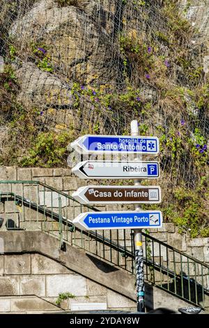 Straßenschild mit der Lage der Attraktionen, Porto, Portugal. Stockfoto