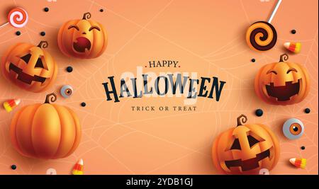 Happy halloween Text Vektor Design. Halloween Trick or Treat Grußtext mit Kürbisfiguren und Bonbons-Elementen auf orangem Hintergrund. Vektor Stock Vektor