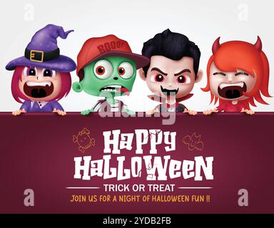 Happy halloween Text Vektor Vorlage Design. Halloween Einladungskarte mit Kostüm niedlichen Charakteren für Kinder Party Einladungskarte Stock Vektor