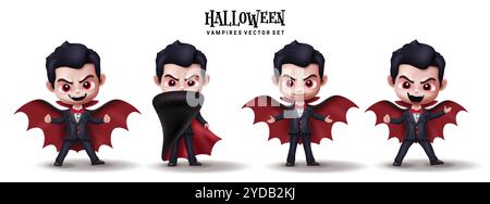 Halloween dracula Charaktere Vektor Set Design. Halloween-Vampirfigurenkollektion in Stehposition mit cape- und Gewand-Elementen. Vektor Stock Vektor