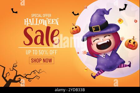 Halloween Sale Text Vektor Banner Design. Halloween Hexe niedliches Mädchen im Rabattbanner für saisonale Shoppingwerbung. Vektor Stock Vektor
