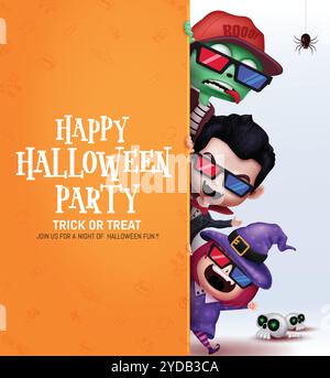 Halloween Party Text Vektor Vorlage Design. Happy halloween Einladungskarte mit niedlichen kleinen Charakteren für Kinder Kostümparty Stock Vektor