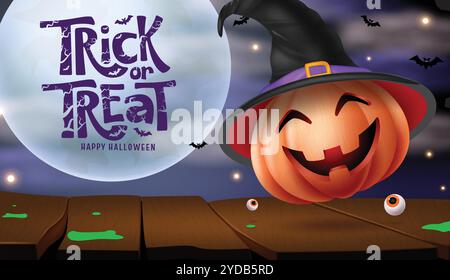 Trick or Treat Text Vektordesign. Halloween-Grußkarte mit Kürbis, der Hexenhut-Elemente im nächtlichen Vollmond-Hintergrund trägt. Vektorabbildung Stock Vektor