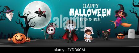 Halloween Charaktere Vektor Banner Design. Fröhliche halloween-Begrüßungstext mit niedlichem Trick or Treat Charakterkostüm wie Vampir, Mumie, grimmiger Sensenmann Stock Vektor