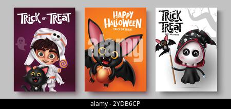 Halloween-Zeichen Tags Vektor Set Poster. Trick or Treat Grußkartenkollektion mit niedlichem Horror-Charakter-Kostüm-Postkarten-Layout-Design. Stock Vektor