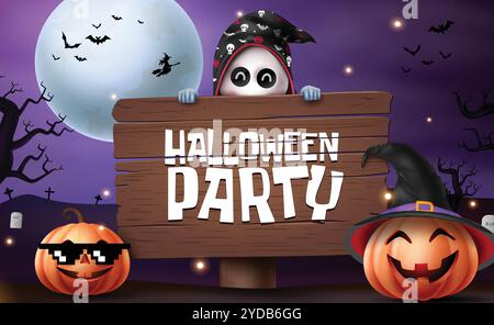 Halloween Party Text Vektor Design. Halloween Einladungskarte für Kinder Trick or Treat Party, Event und Anlass Feier im Hintergrund der Mondnacht. Stock Vektor
